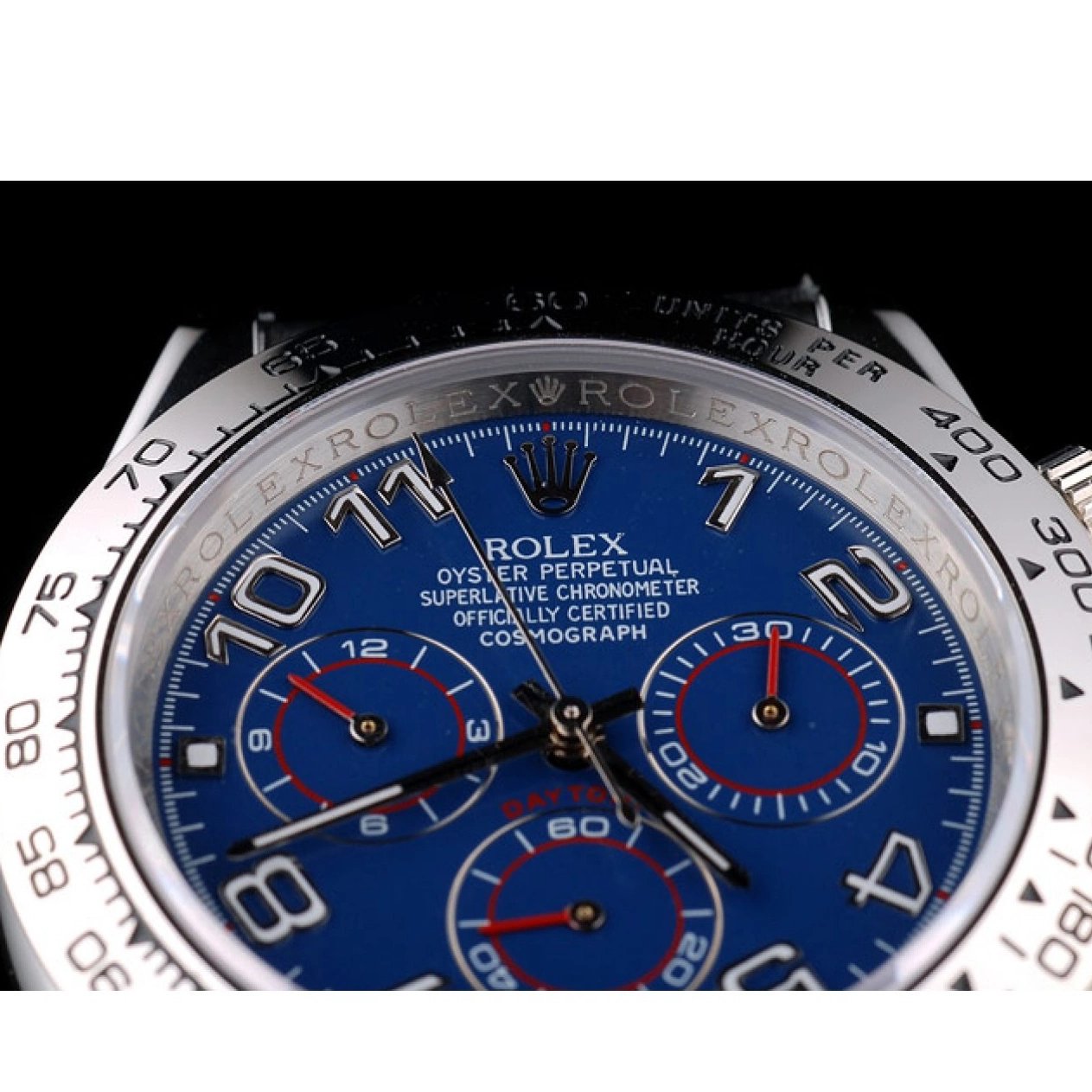 AAA Replica Watches Rolex Black Leather Strap Blue Steel Dial Stainless Case Daytona 0804